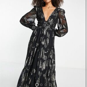 ASOS DESIGN Metallic Channel Detail Midi Dress with Puff Sleeves and Tie Back